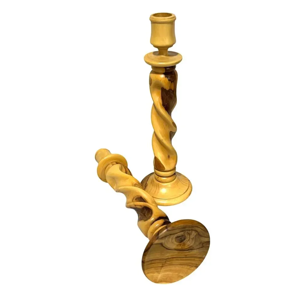Carved wood candle stick holders barley twist woodgrain PAIR blond & brown